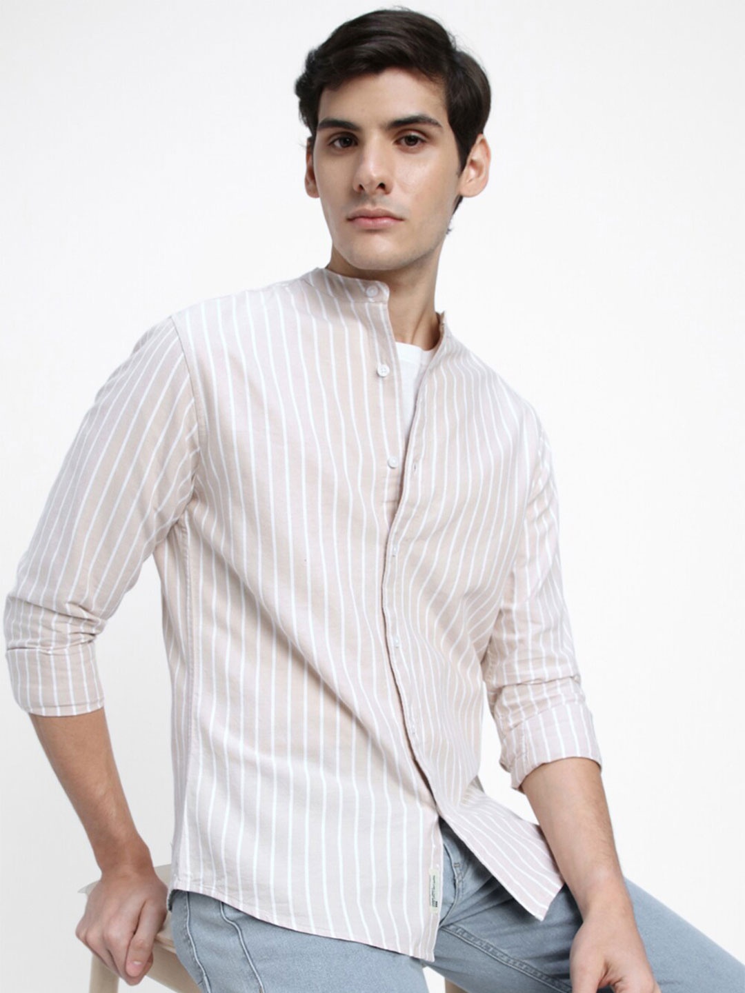 

Dennis Lingo Vertical Striped Pure Cotton Casual Shirt, Beige