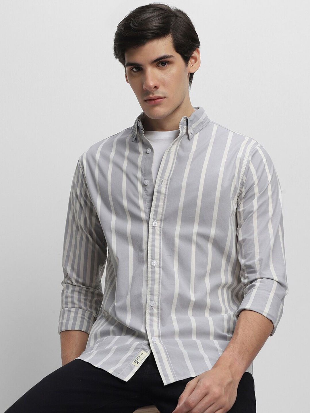 

Dennis Lingo Vertical Striped Pure Cotton Casual Shirt, Grey