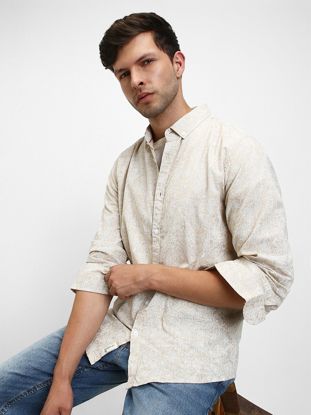 

Dennis Lingo Slim Fit Floral Printed Pure Cotton Casual Shirt, Khaki