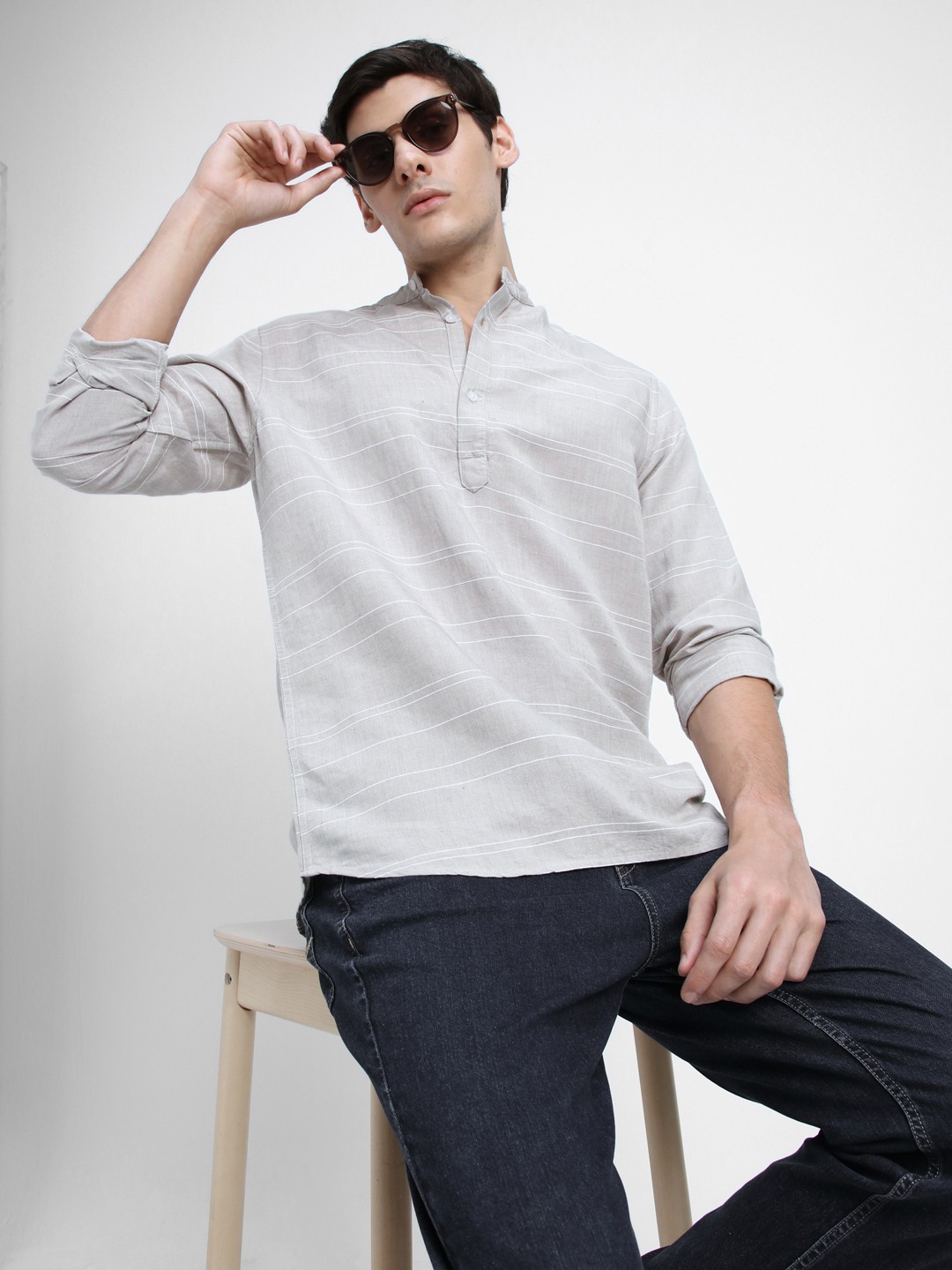 

Dennis Lingo Slim Fit Horizontal Striped Band Collar Pure Cotton Casual Shirt, Grey