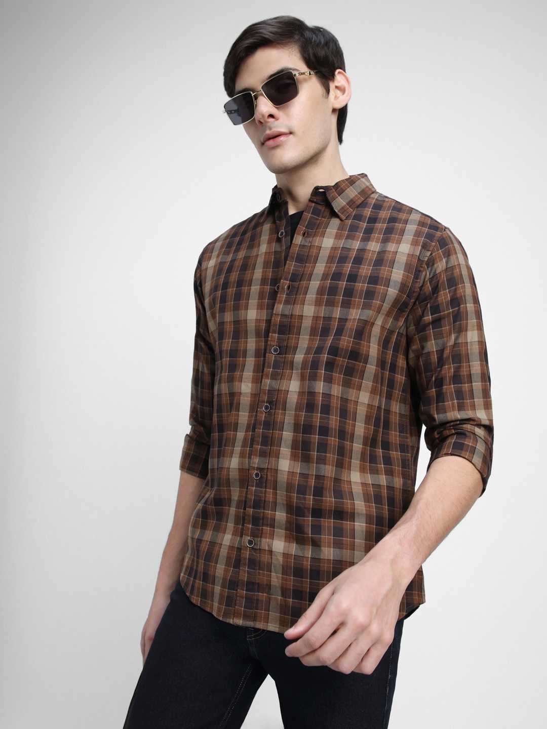 

Dennis Lingo Slim Fit Tartan Checked Pure Cotton Casual Shirt, Khaki