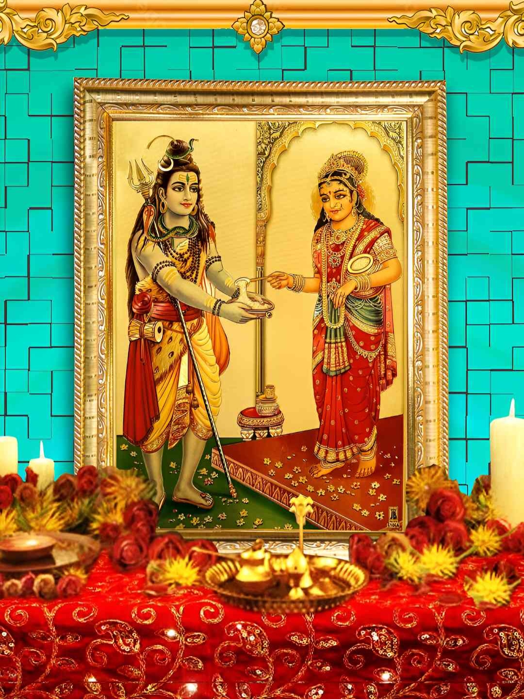 

Hawai Gold-Toned & Red 24k Gold Plated Lord Shiva and Annapurna devi Wood Wall Photo Frame