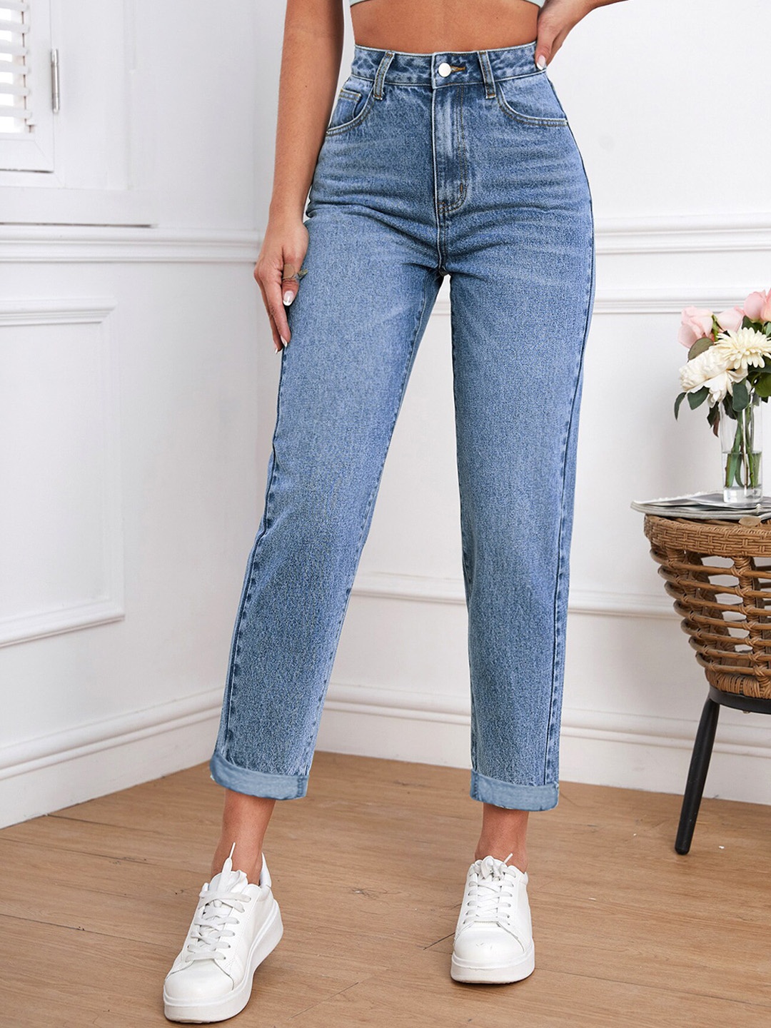 

AAHWAN Women Mom Fit High Rise Clean Look Cotton Denim Jeans, Blue