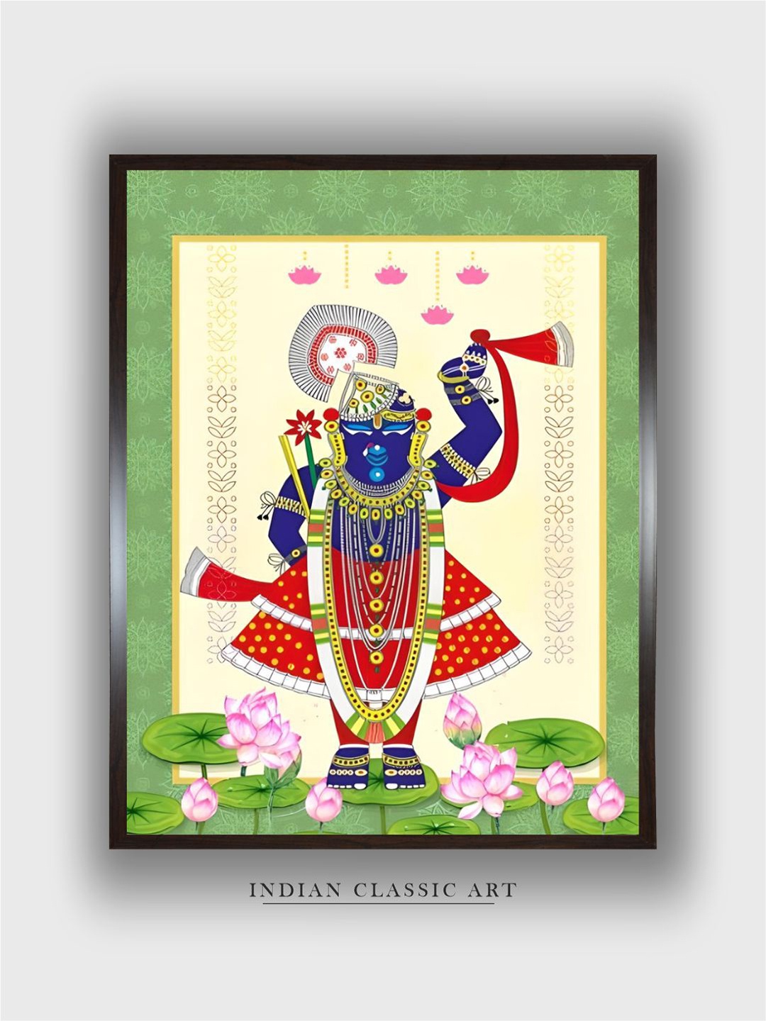 

INDIAN CLASSIC ART Green & Red Shrinathji Indian Folk Painting Wall Art
