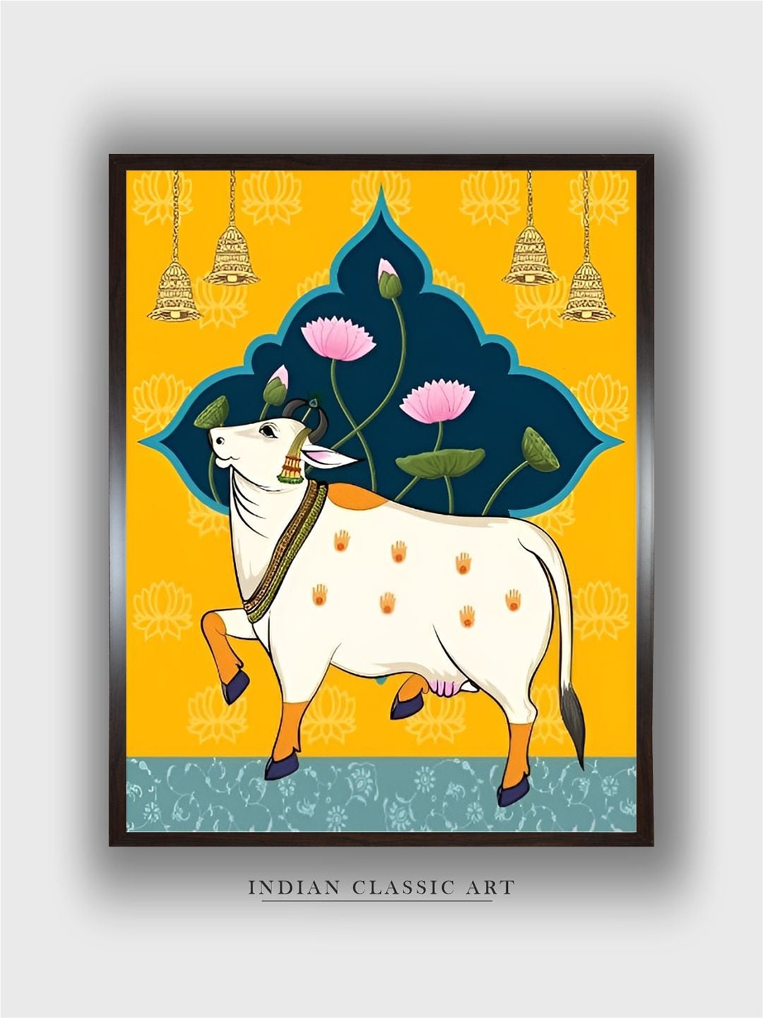 

INDIAN CLASSIC ART Yellow & Blue Indian Pichwai Cow Wall Art