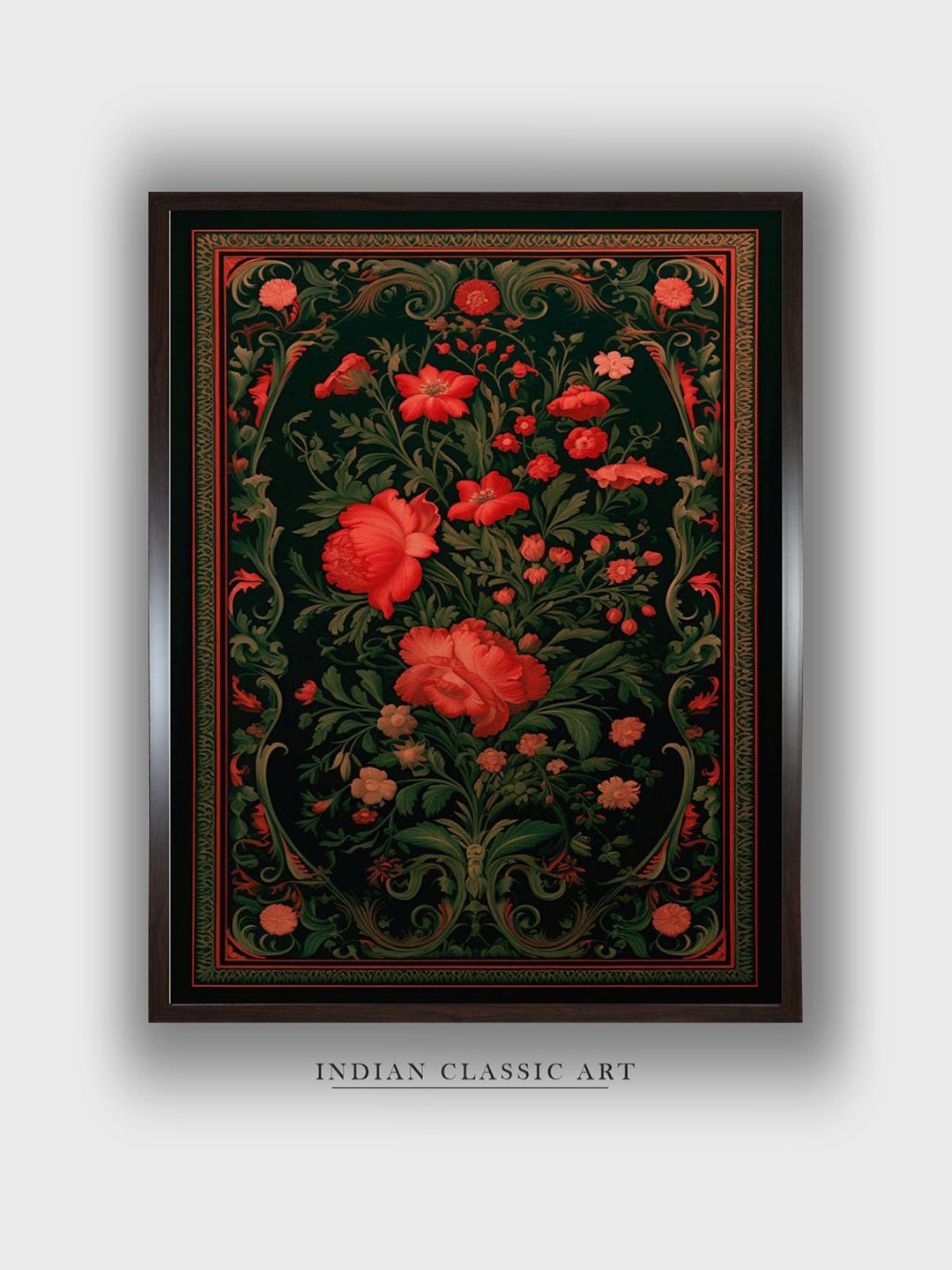 

INDIAN CLASSIC ART Green & Red Floral Canvas Painting Wall Art