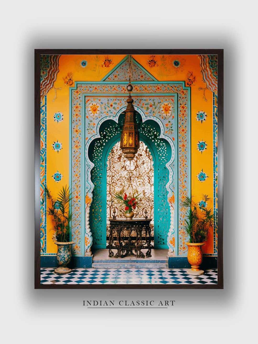 

INDIAN CLASSIC ART Yellow & Turquoise Blue Vintage Palace Photograph Wall Art
