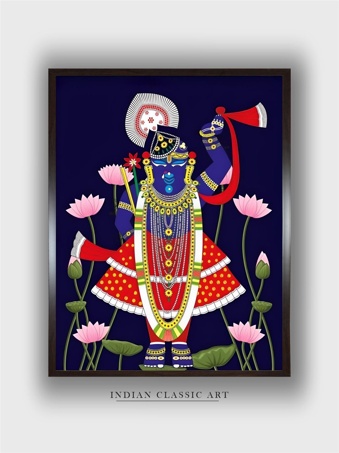 

INDIAN CLASSIC ART Navy Blue & Red Wood Painting Folk Wall Art