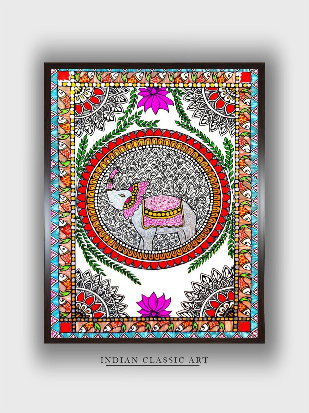 

INDIAN CLASSIC ART White & Black Elephant Madhubani Painting Wall Art