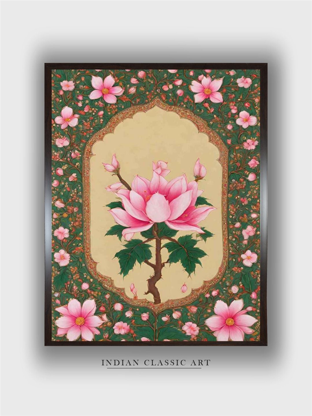 

INDIAN CLASSIC ART Green & Pink Floral Wooden Indian Folk Painting Wall Art