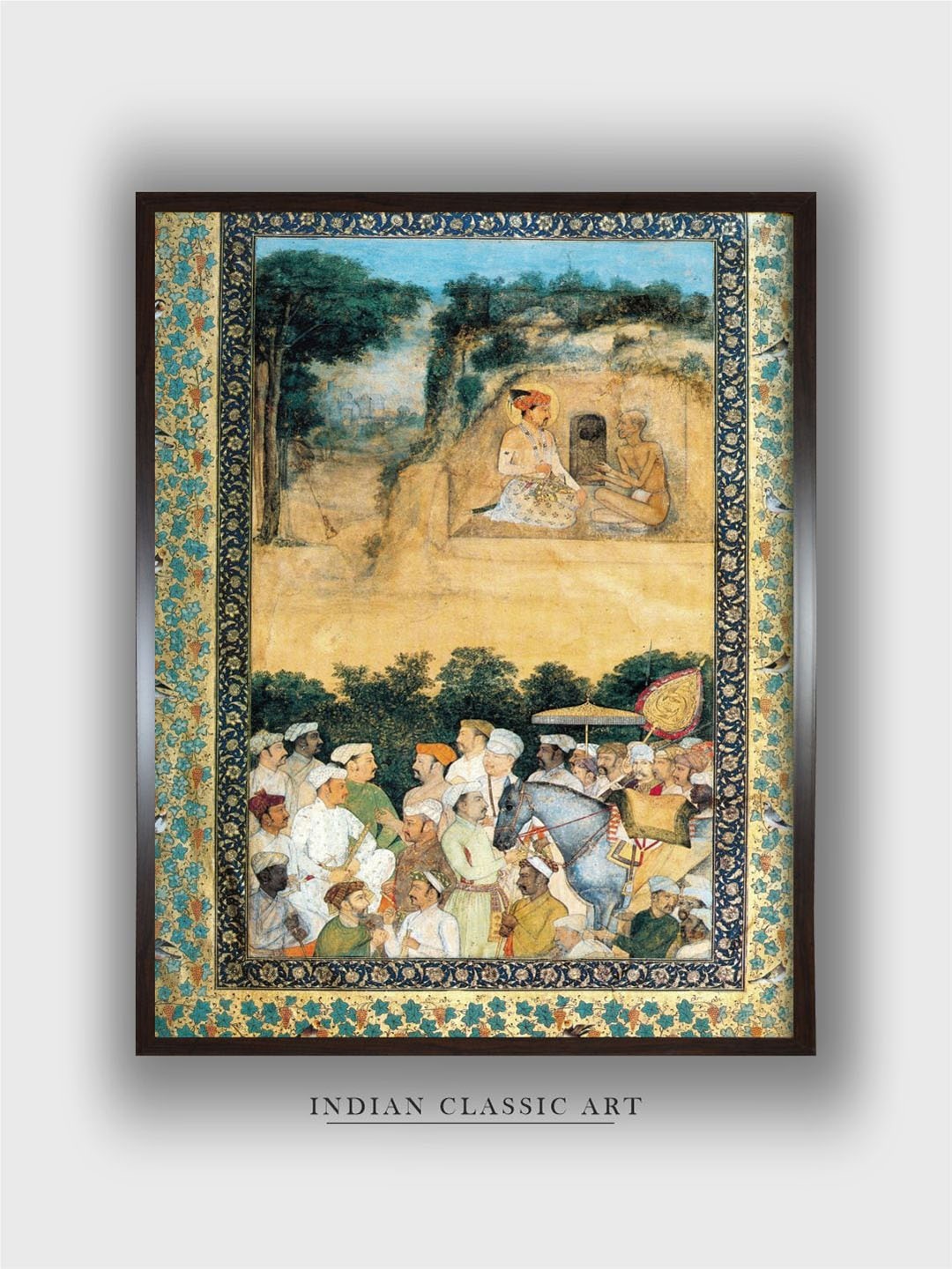 

INDIAN CLASSIC ART Beige & Green Jahangir Visiting the Ascetic Jadrup Govardhan Wall Art