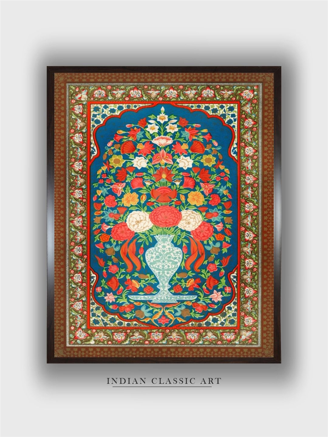 

INDIAN CLASSIC ART Blue & Red Floral Indian folk Wood Paintings Wall Art