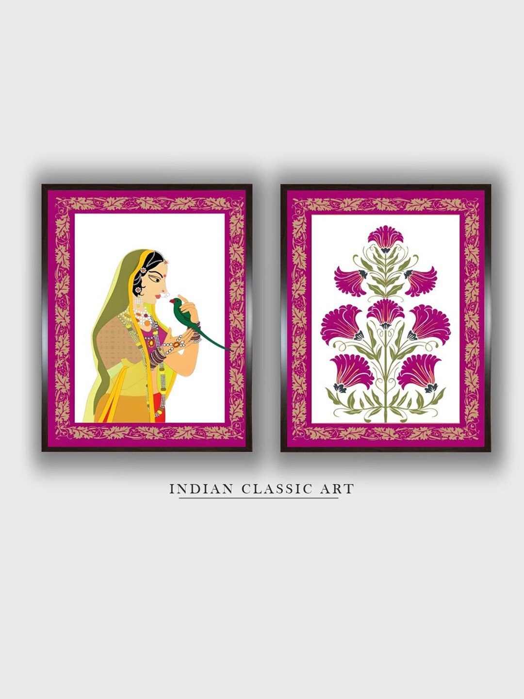 

INDIAN CLASSIC ART Pink & White 2 Pieces Floral Folk Painting Wall Art