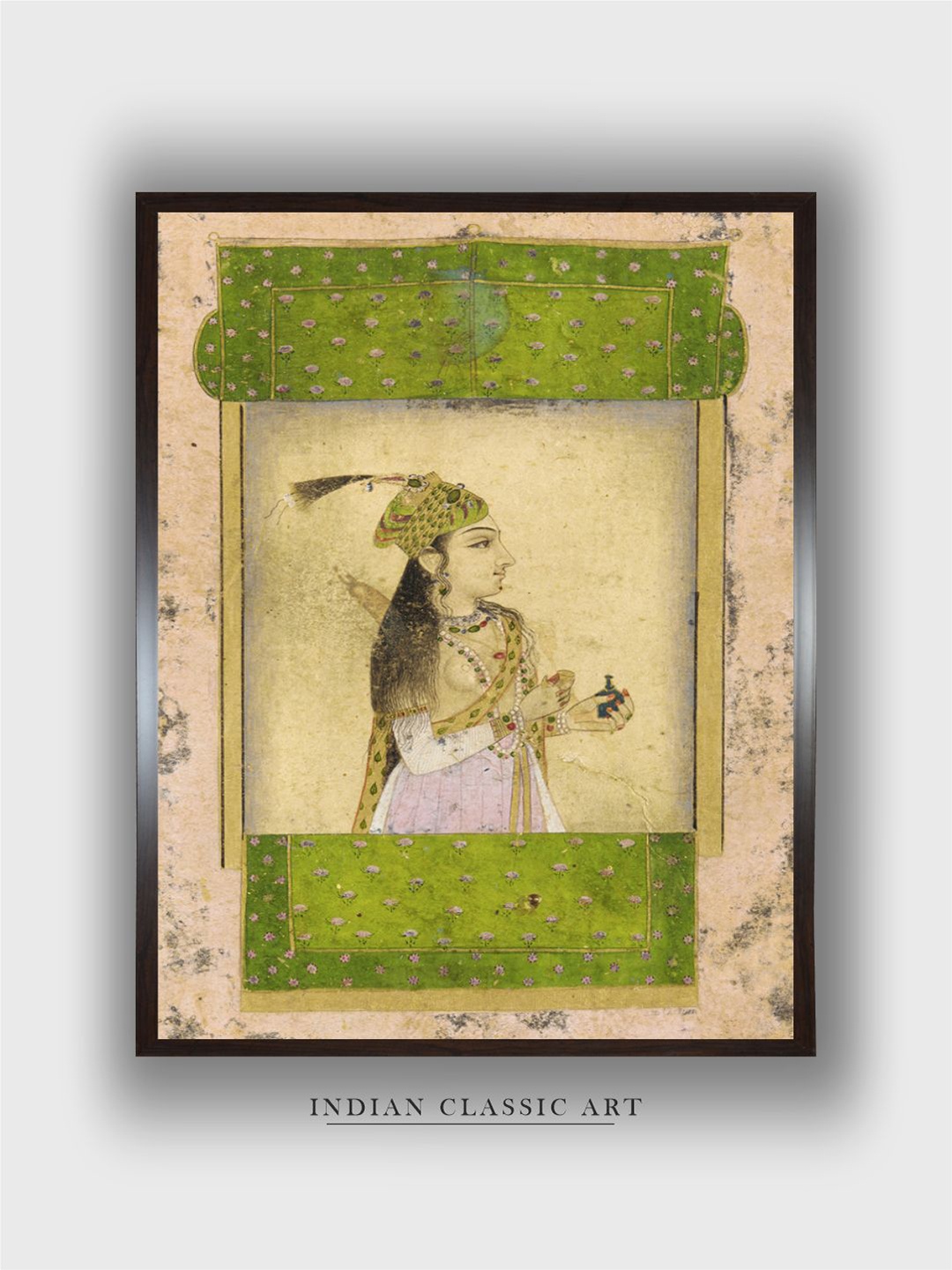 

INDIAN CLASSIC ART Green & Beige A Noble Lady, Mughal Dynasty Canvas Wall Painting