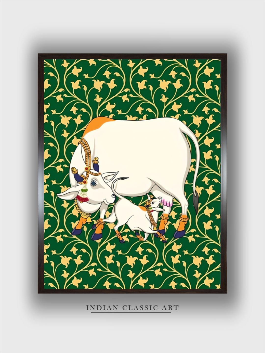 

INDIAN CLASSIC ART Green & Yellow Canvas Pichwai Cow Painting Wall Art