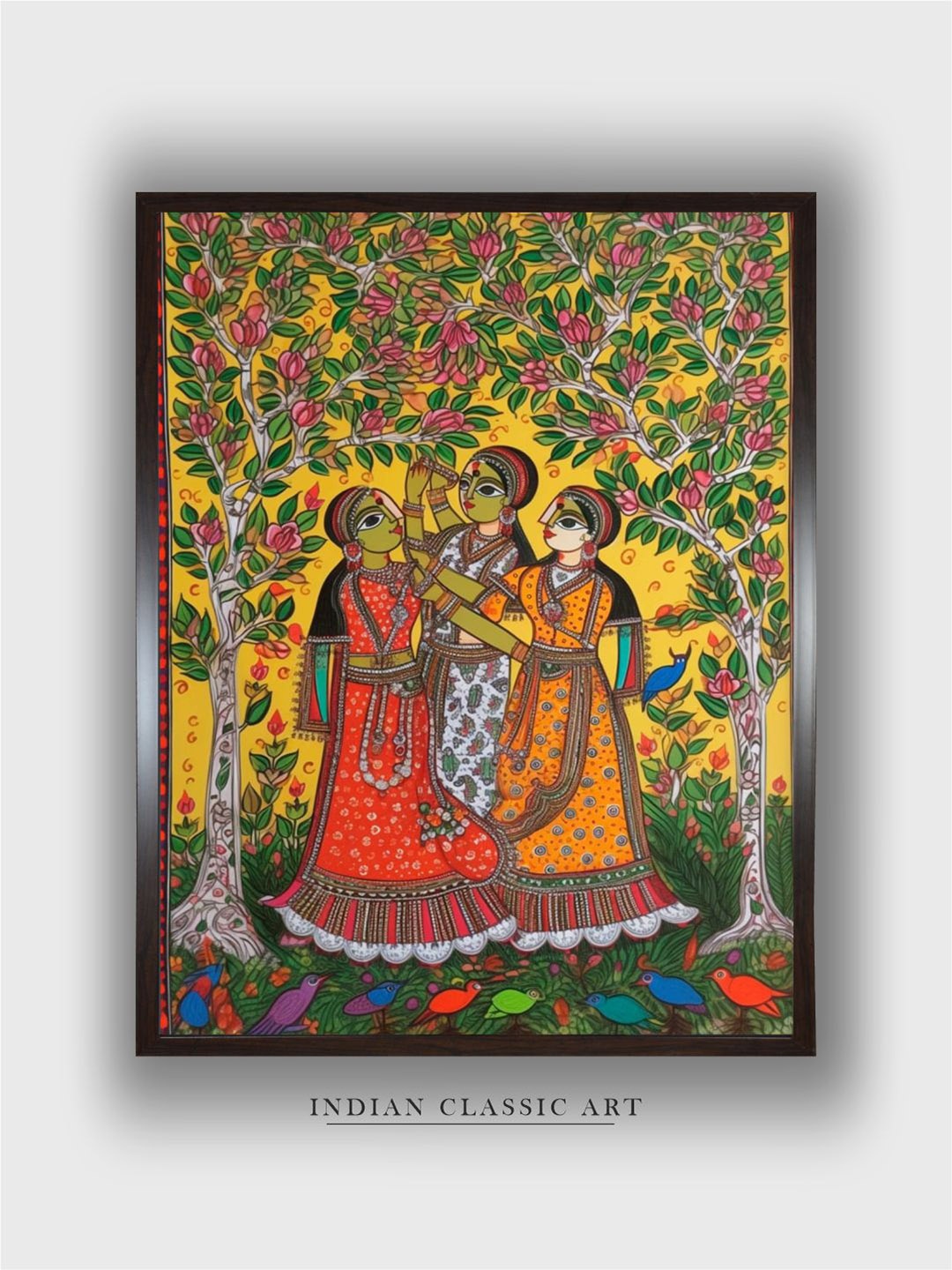 

INDIAN CLASSIC ART Yellow & Red Indian Folk Wood Paintings Wall Art