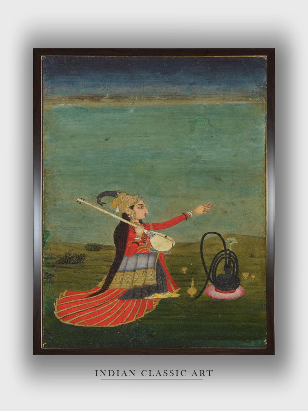 

INDIAN CLASSIC ART Green & Red A Woman Holding Veena Mughal Wood Framed Painting Wall Art