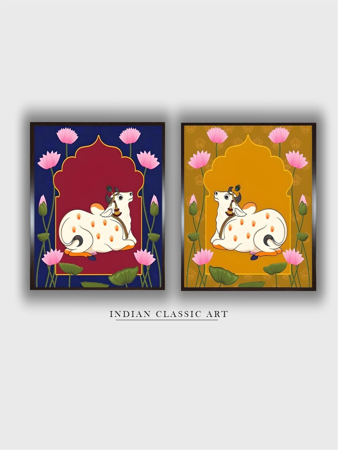 

INDIAN CLASSIC ART Maroon & Yellow 2 Pieces Pichwai Cow Wood Painting Wall Arts