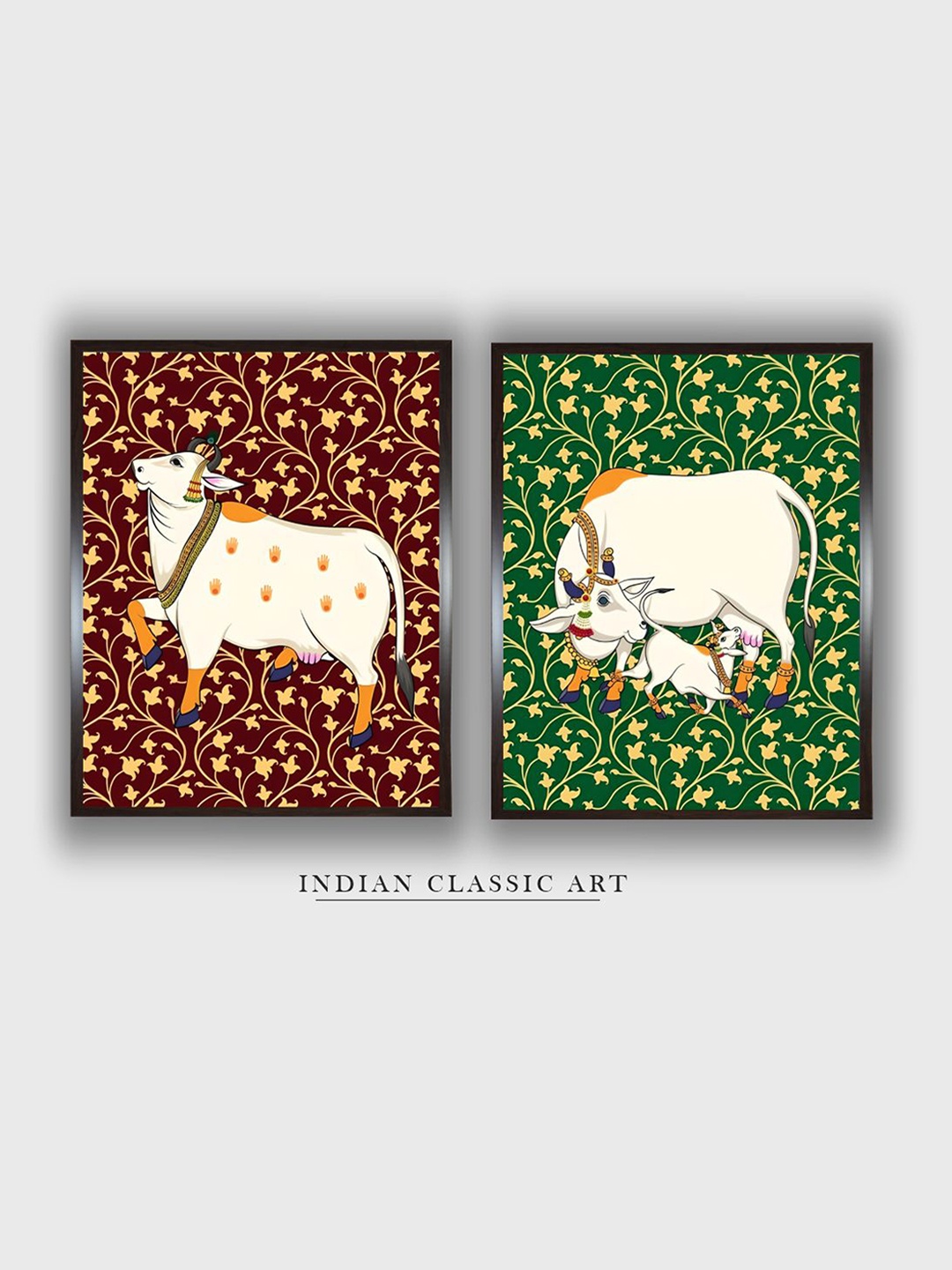 

INDIAN CLASSIC ART Red & Green 2 Pieces Pichwai Cow Wooden Hanging Wall Art