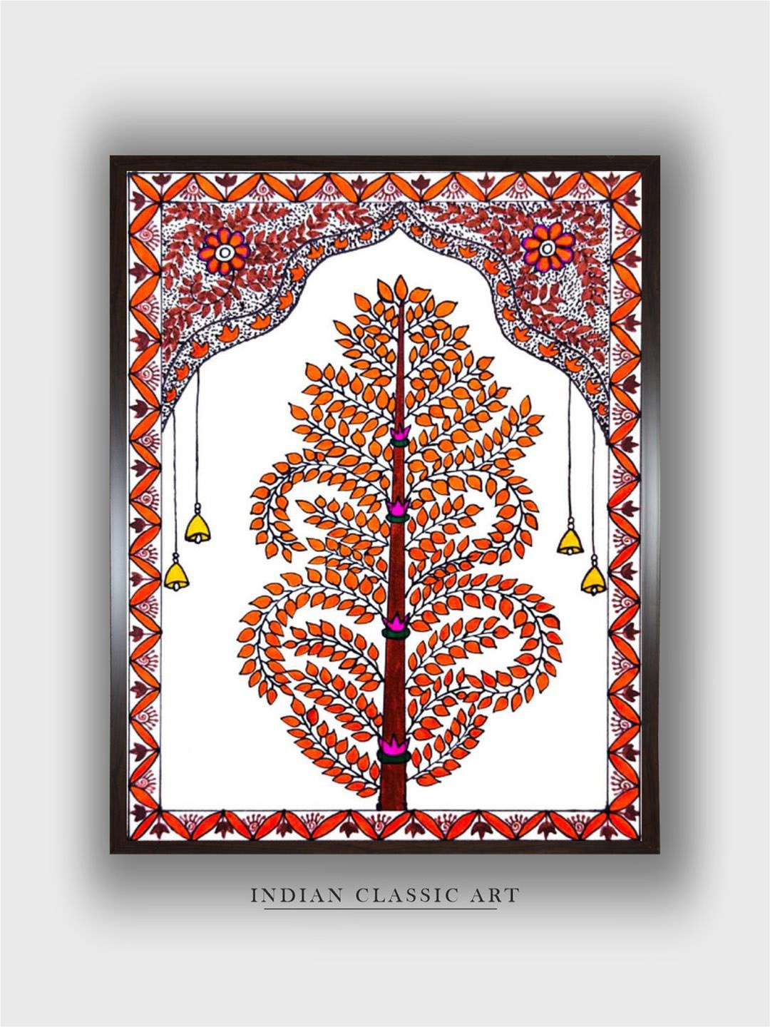 

INDIAN CLASSIC ART White & Red Wooden Folk Painting Wall Art