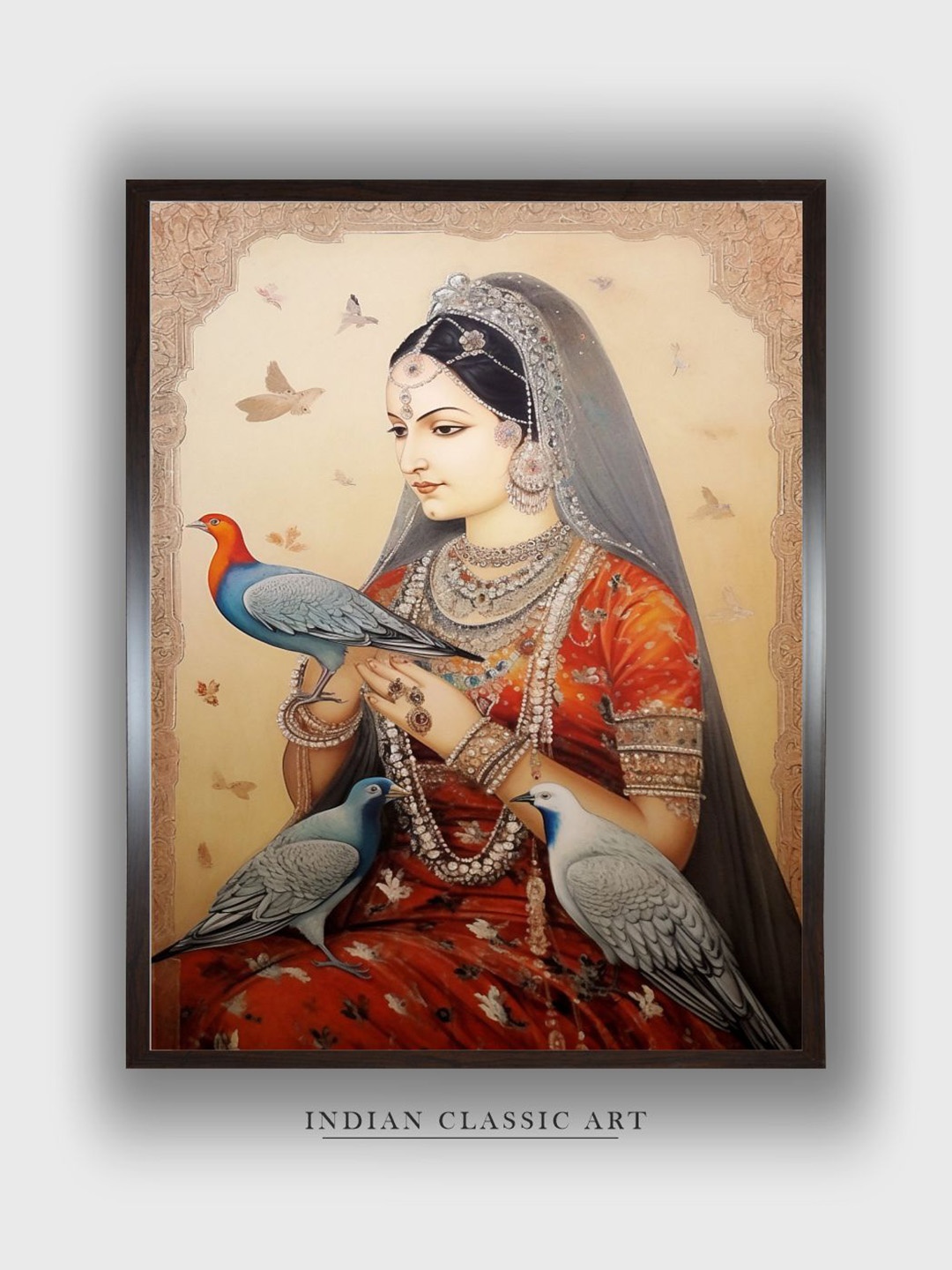 

INDIAN CLASSIC ART Orange & Grey Indian Royal Lady Wooden Hanging Wall Art