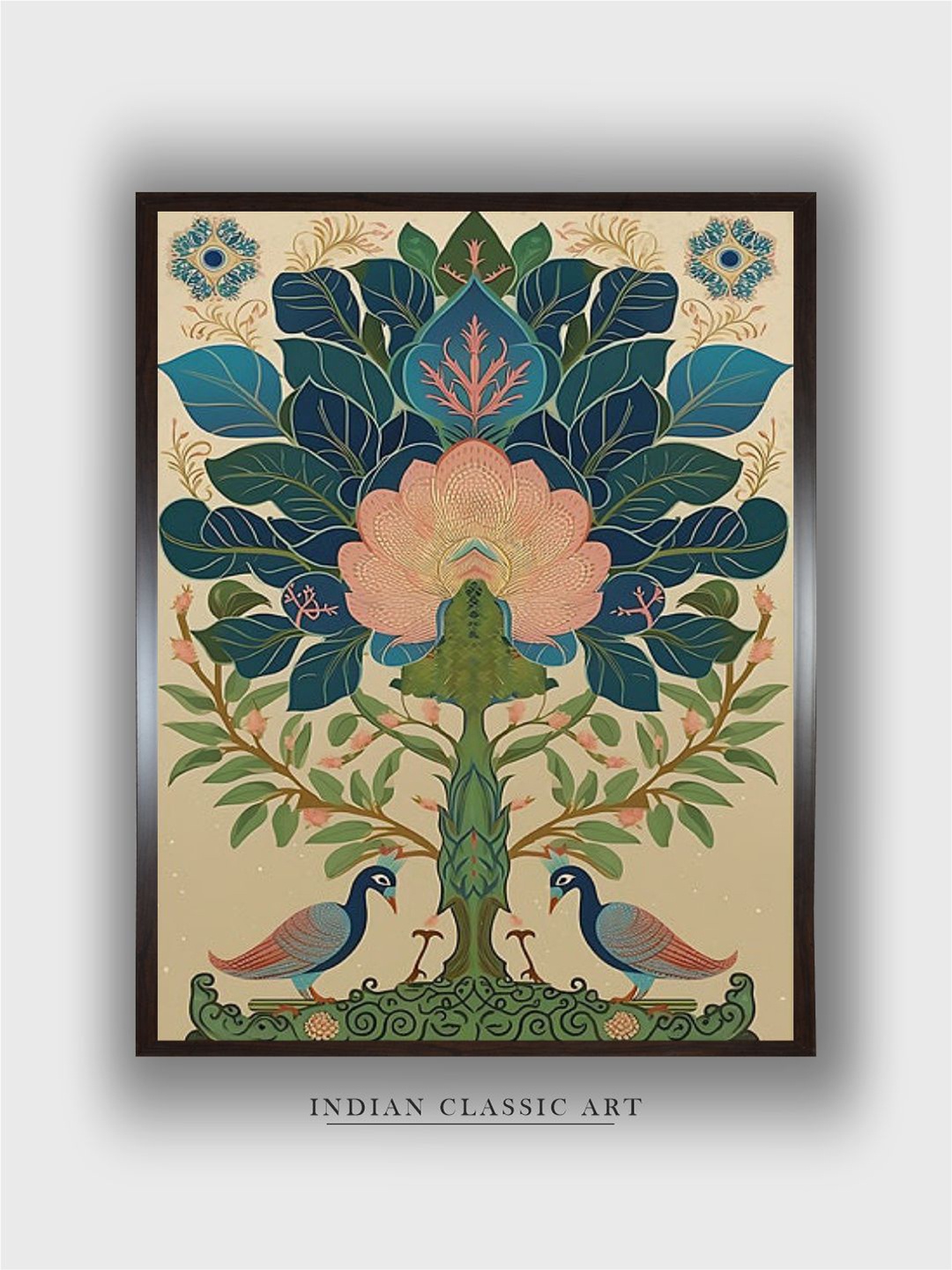 

INDIAN CLASSIC ART Beige & Green Floral Wood Paintings Wall Art