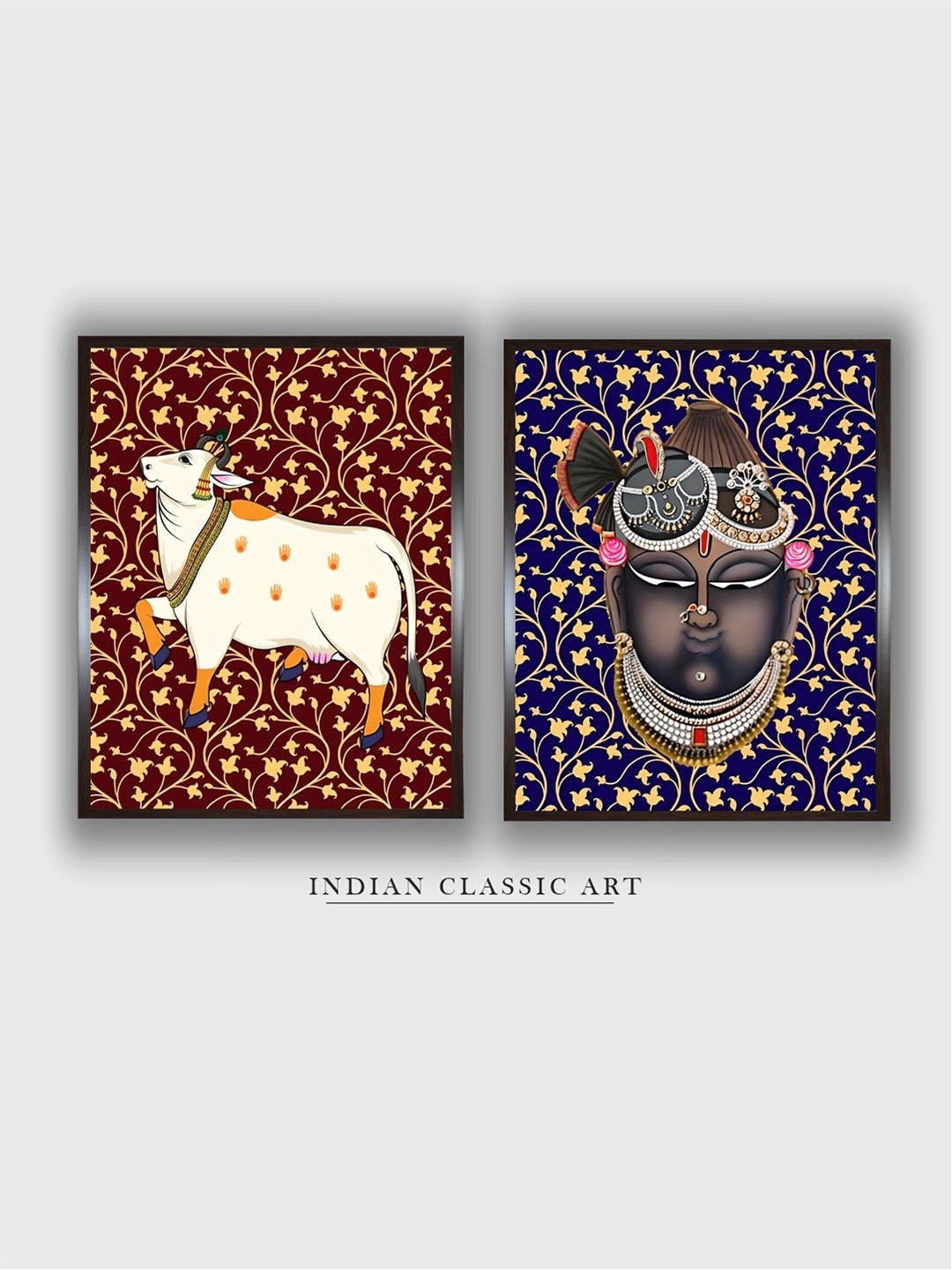 

INDIAN CLASSIC ART Maroon & Blue 2 Pieces Religious Wood Framed Painting Wall Art