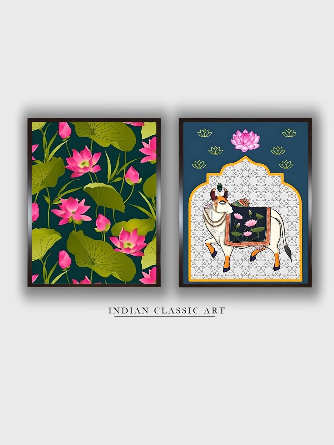 

INDIAN CLASSIC ART Green & Pink 2 Pieces Cow & Lotus Painting Wall Art