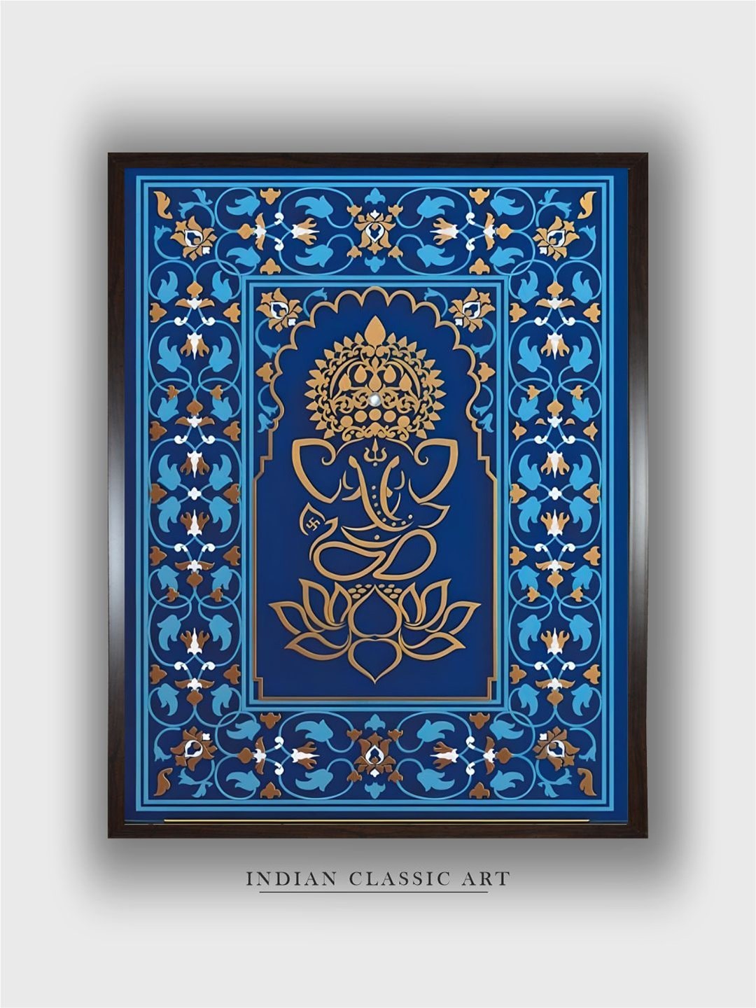 

INDIAN CLASSIC ART Blue & Beige Religious Wood Framed Painting Wall Art