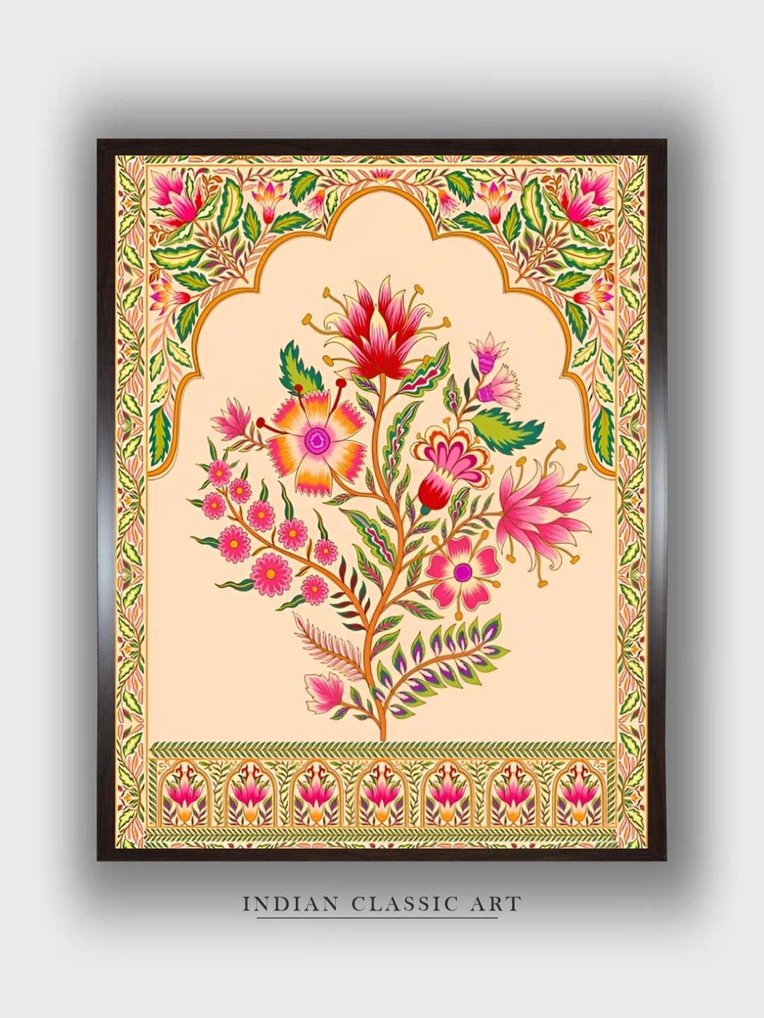 

INDIAN CLASSIC ART Cream-Colored & Green Floral Framed Wall Art