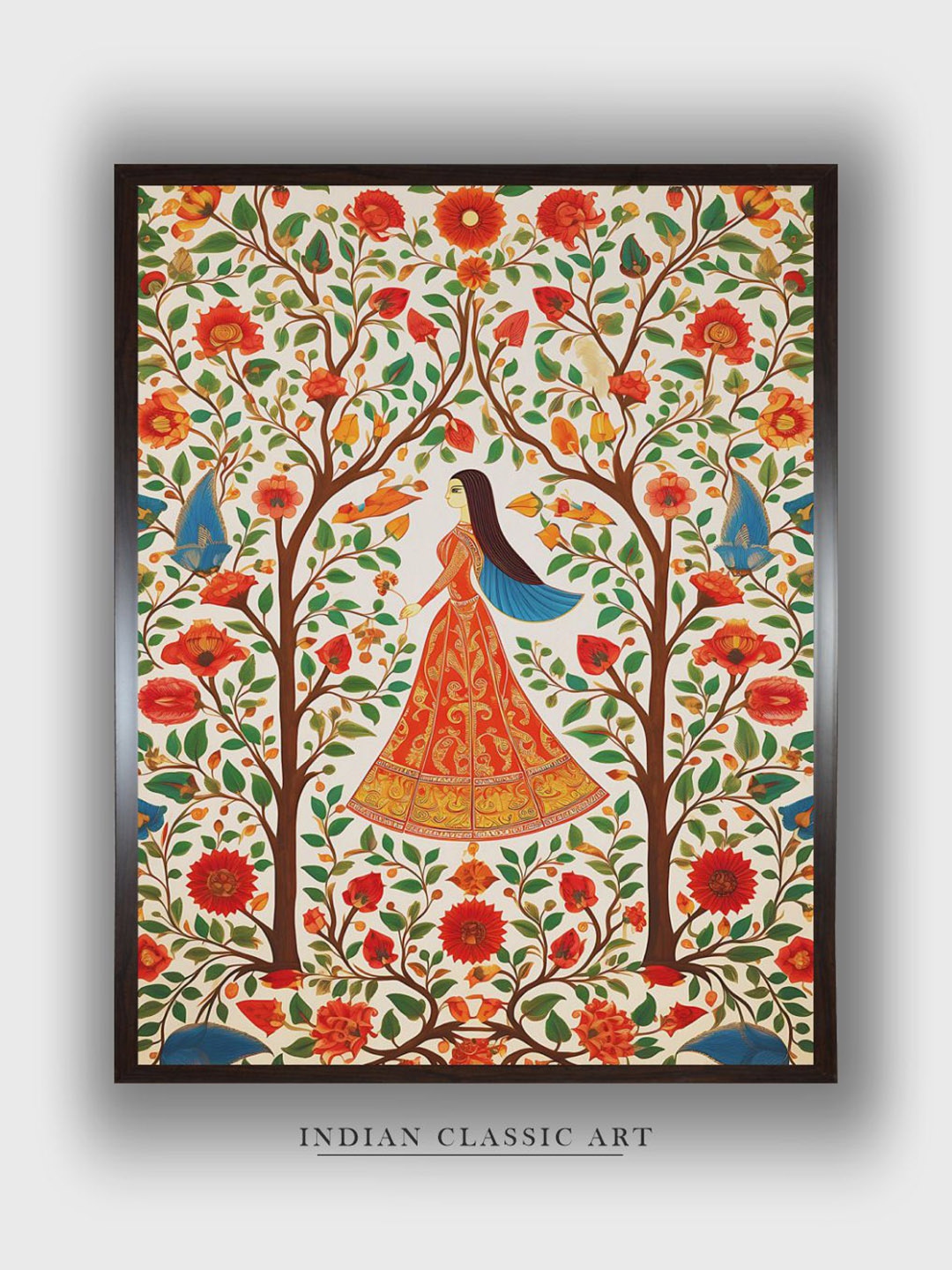 

INDIAN CLASSIC ART Grey & Orange Floral Wooden Framed Painting Wall Art