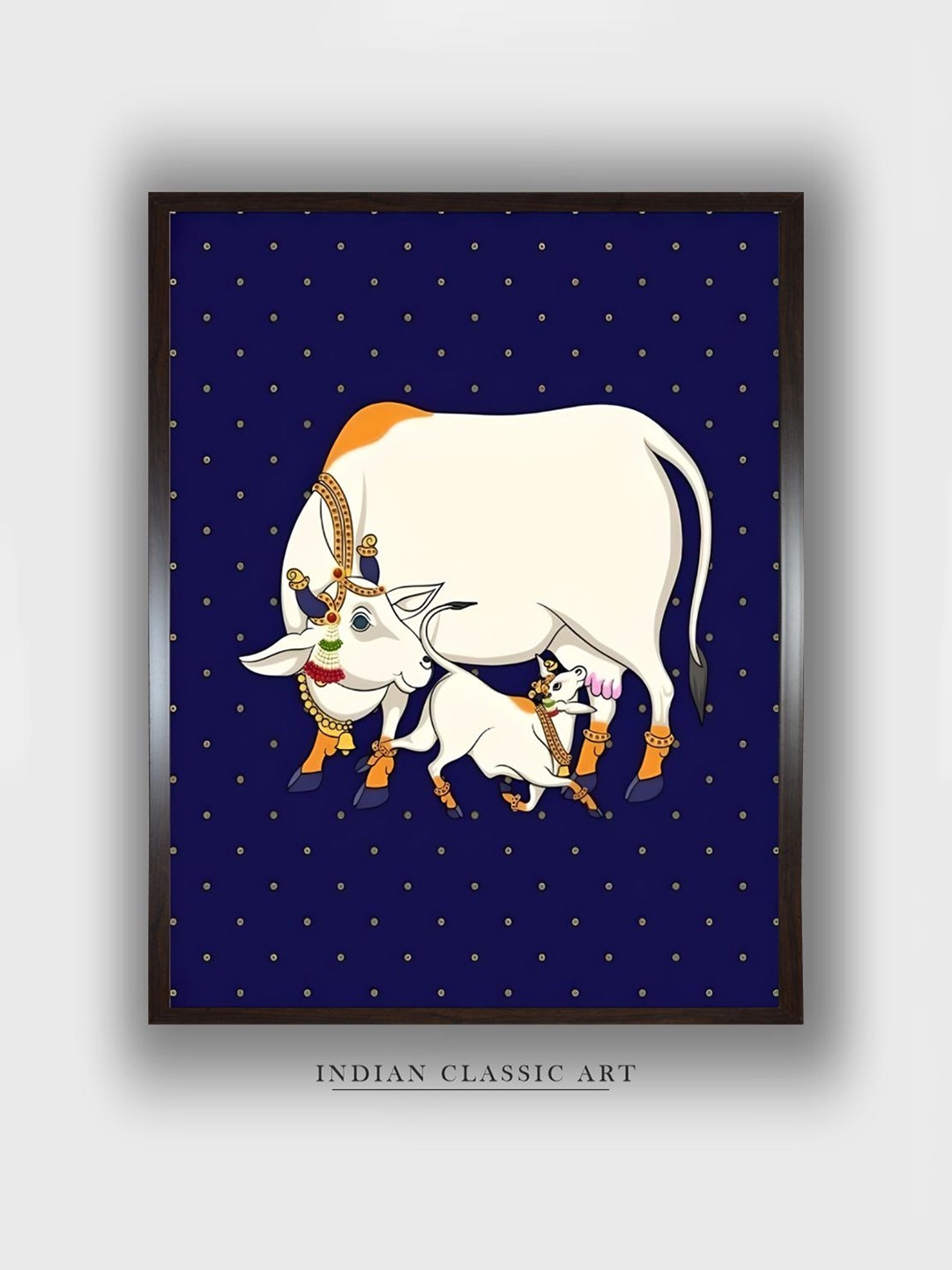 

INDIAN CLASSIC ART Blue & White Pichwai Cow Wood Painting Wall Art