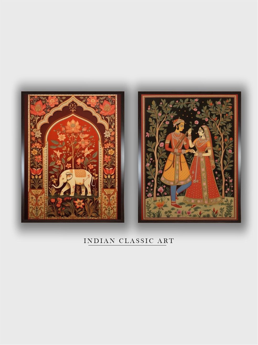 

INDIAN CLASSIC ART 2 Pieces Maroon Wood Paintings Folk Mughal Wall Art, Red