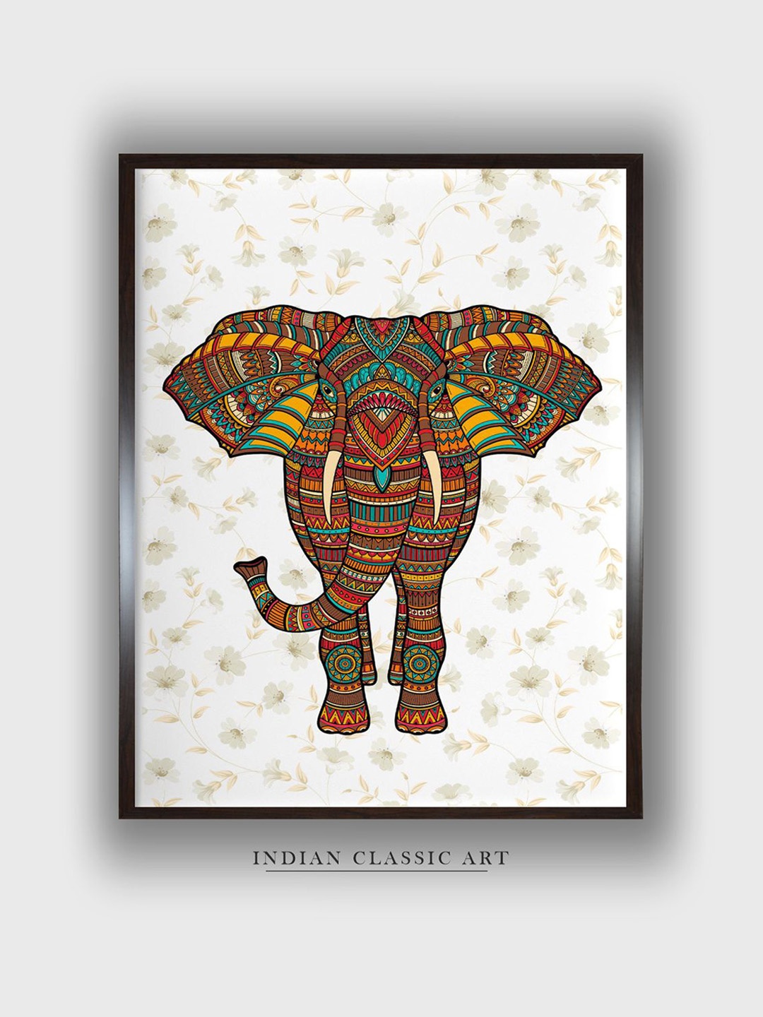 

INDIAN CLASSIC ART White & Brown Wooden Painting Elephant Indian Folk Wall Art