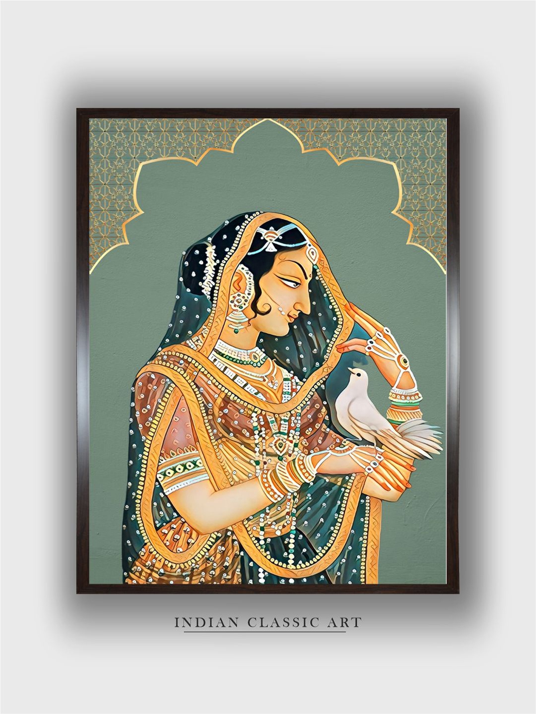 

INDIAN CLASSIC ART Green Indian Royal Lady Painting Wall Art