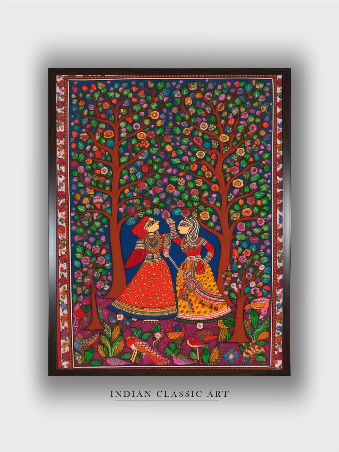 

INDIAN CLASSIC ART Brown & Blue Madhubani Canvas Painting Wall Art