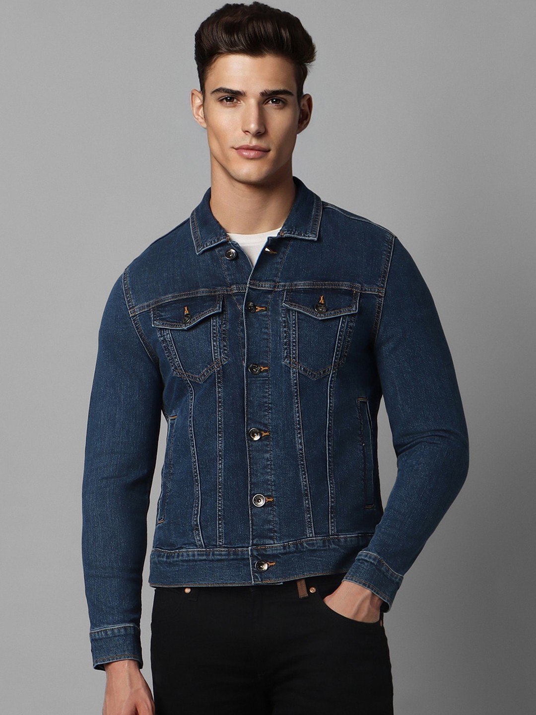 

Louis Philippe Jeans Washed Spread Collar Long Sleeve Pocket Cotton Denim Jacket, Blue