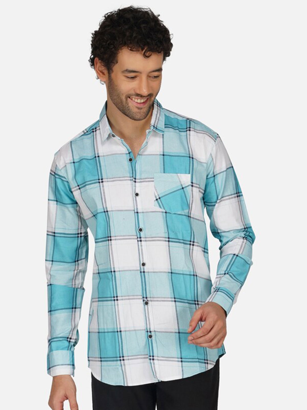 

BASE 41 Tartan Checks Slim Fit Cotton Casual Shirt, Turquoise blue