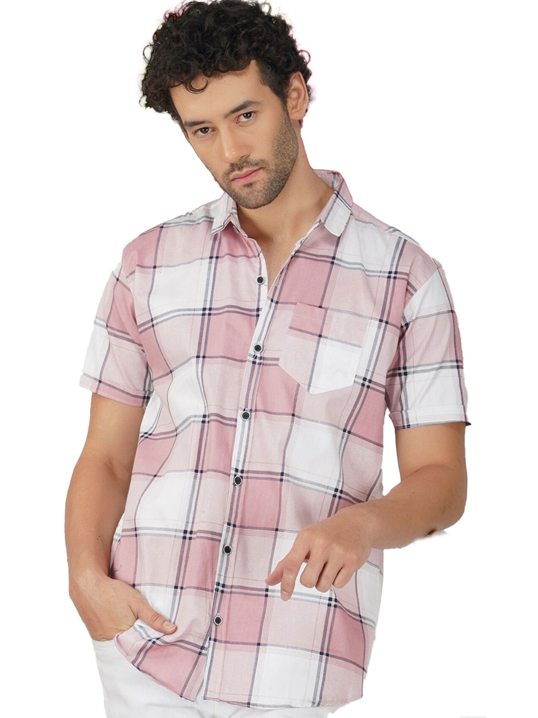

BASE 41 Slim Fit Tartan Checked Cotton Casual Shirt, Pink