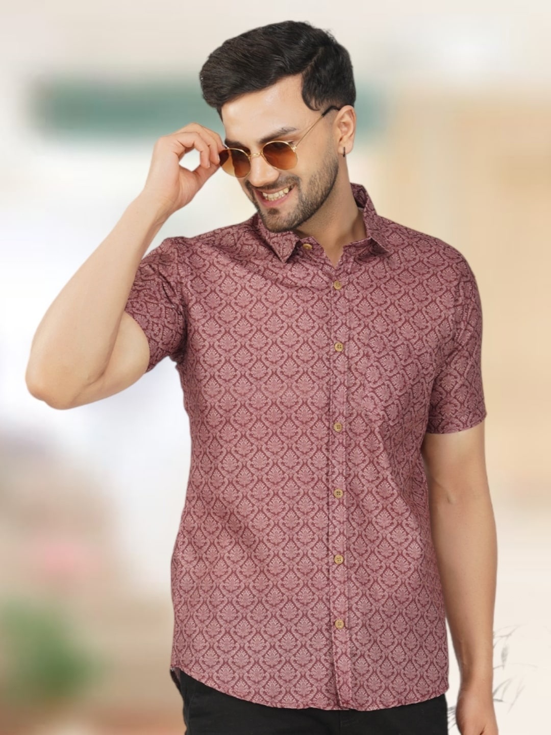 

BASE 41 Ethnic Motifs Printed Slim Fit Casual Shirt, Maroon