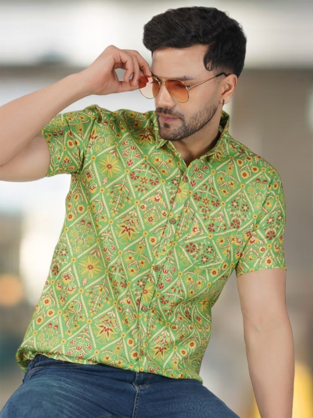 

BASE 41 Ethnic Motifs Printed Slim Fit Casual Shirt, Green