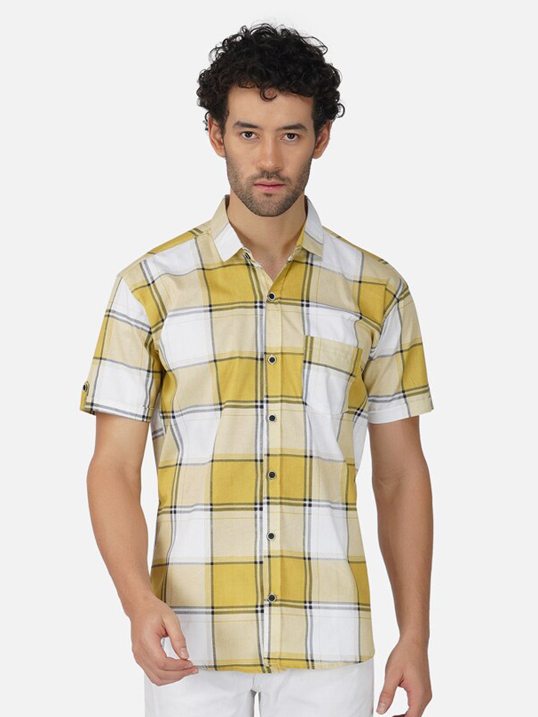 

BASE 41 Slim Fit Tartan Checked Cotton Casual Shirt, Yellow