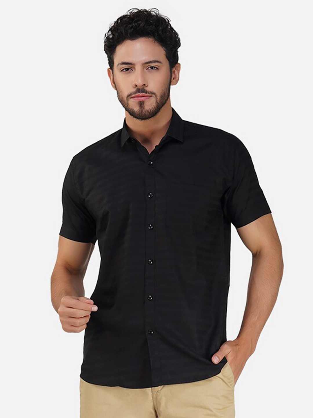 

BASE 41 Slim Fit Spread Collar Cotton Casual Shirt, Black