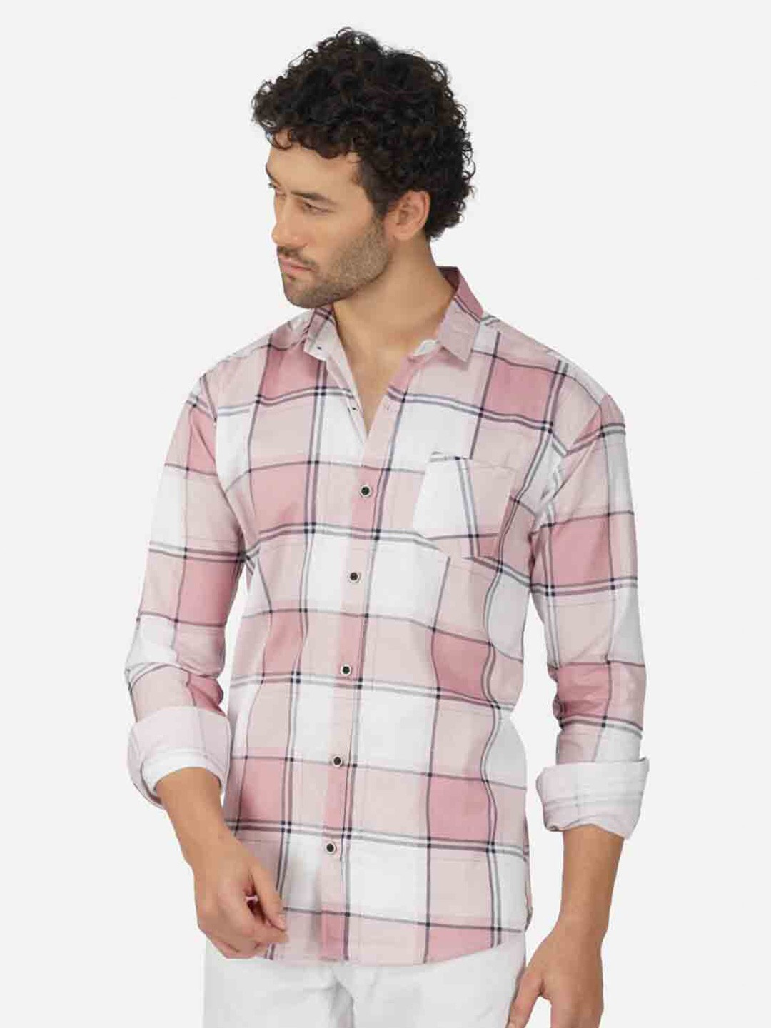 

BASE 41 Slim Fit Tartan Checked Cotton Casual Shirt, Pink