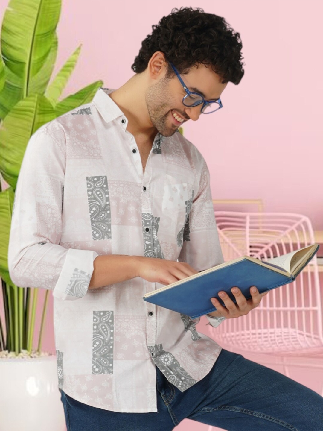 

BASE 41 Ethnic Motifs Printed Slim Fit Cotton Shirt, Pink