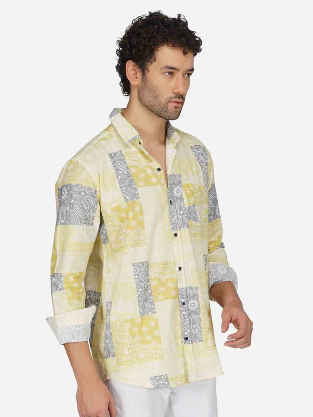 

BASE 41 Slim Fit Ethnic Motifs Printed Cotton Casual Shirt, Yellow