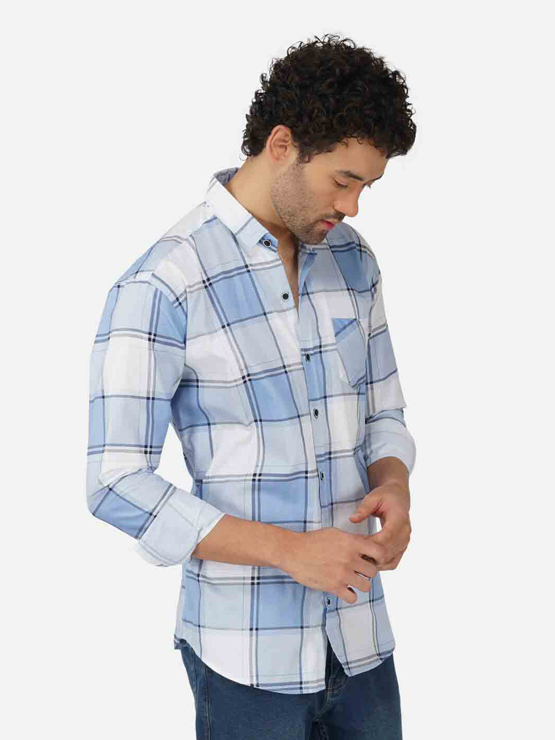 

BASE 41 Slim Fit Windowpane Checked Cotton Casual Shirt, Blue