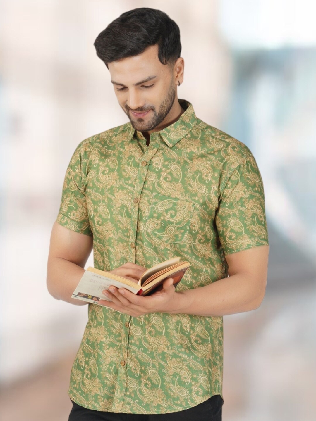 

BASE 41 Ethnic Motifs Printed Slim Fit Casual Shirt, Green