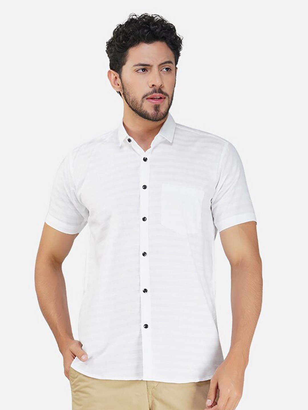 

BASE 41 Striped Spread Collar Slim Fit Cotton Casual Shirt, White