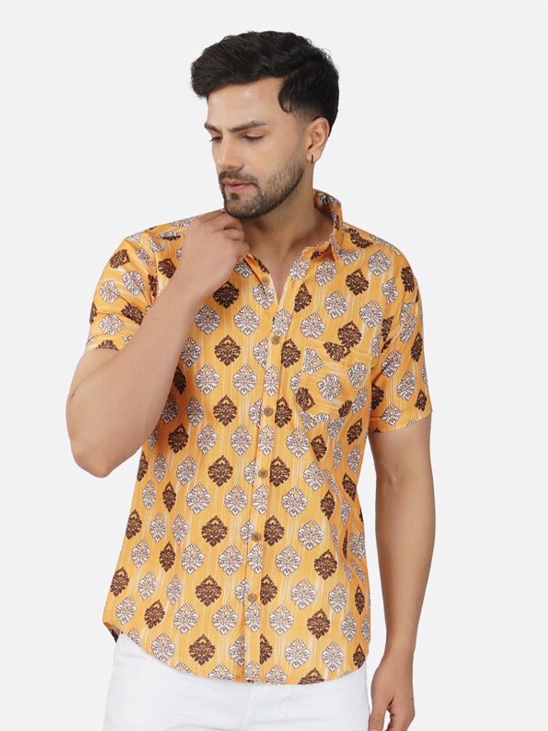 

BASE 41 Slim Fit Ethnic Motifs Printed Casual Shirt, Yellow